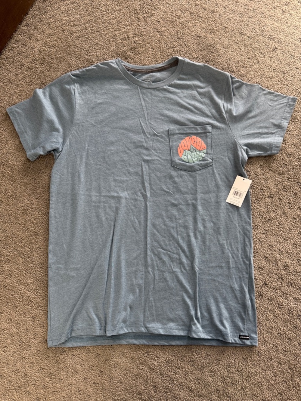 Volcom Light Blue Short Sleeve Pocket Tee with Coral & Mint Graphic